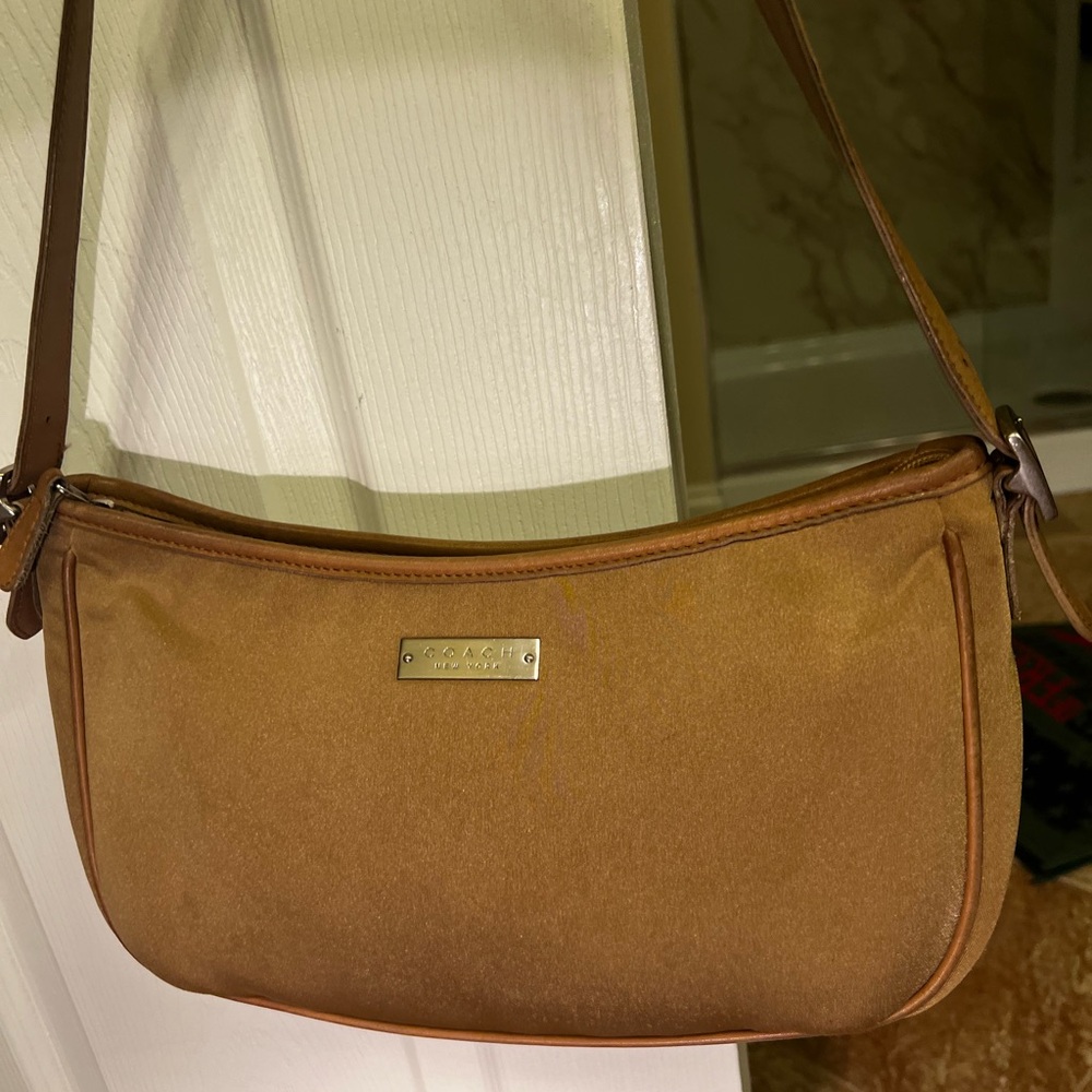 Vintage Coach Tan Cognac Neoprene and Leather Shoulder Bag 13x8x3”